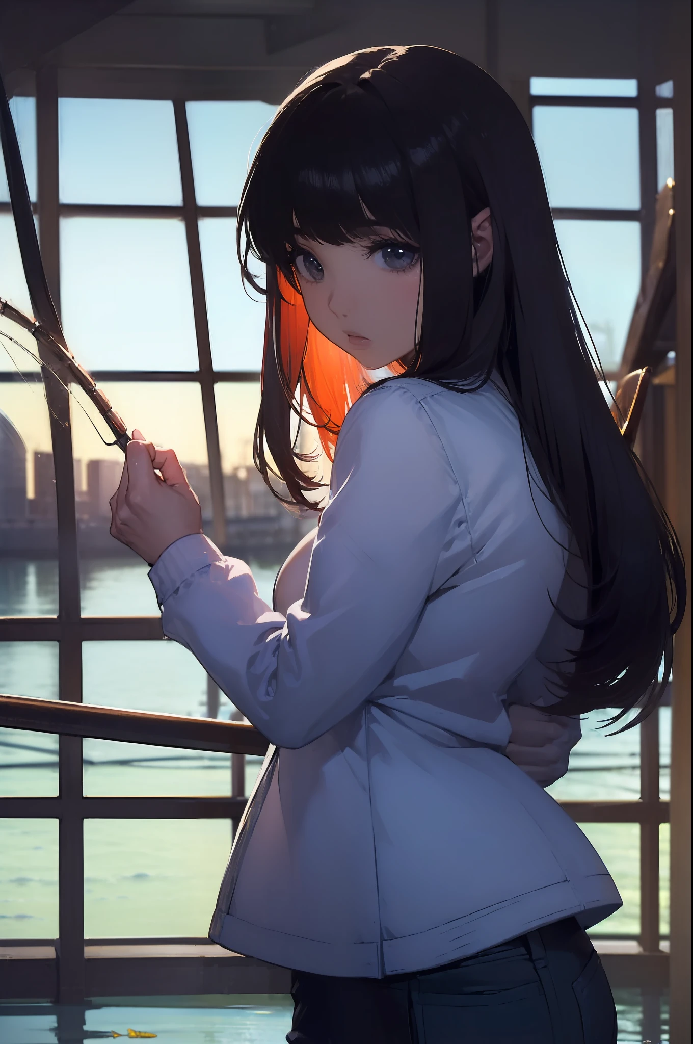 ((((Catching a big fish by the lakeside:1.5)))),((Female 28 years old)),((Best Quality:1.5)),(((Hands with the correct number and structure of fingers:1.4))),((Big fish:1.37)),hight resolution,ultra-detailliert,masterpiece,best qualtiy,Eight-headed body,Black hair, long eyeslashes, Solid Circle Eyes, drop shadow, Atmospheric perspective,Super Detail, ccurate, small brest,(Black jacket and black jeans :1.1),top-quality, blurry backround, bokeh dof:1.2, (masterpiece:1.3), Atmospheric perspective,Super Detail,dynamic compositions,top-quality、Very beautiful CG、finely detail、