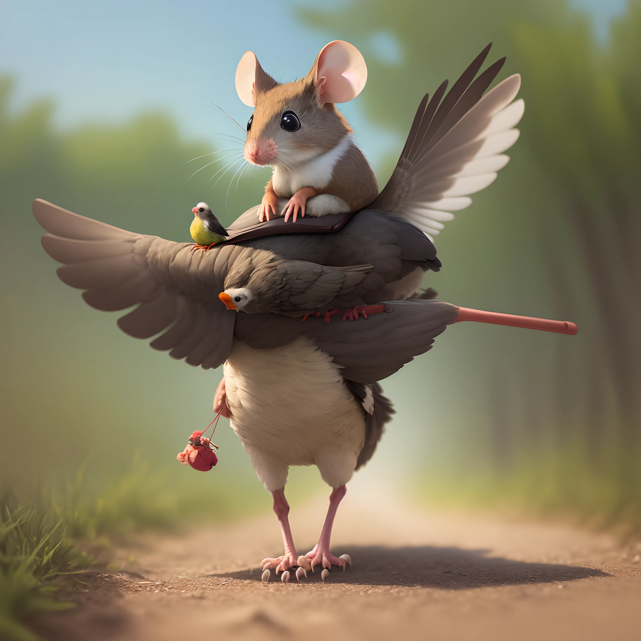 A mouse carrying a bird on its back