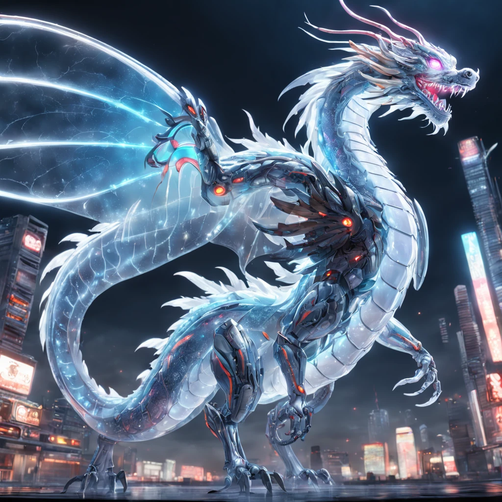 chinesedragon, (Full body shot) , 1 transparent Chinese dragon fly in cloud, Transparent mech, dreamy glow, luminous neon lights, Clean, White background, ( Global illumination, Ray traching, hdr, unreal render,reasonable design, high detal, Masterpiece, Best quality, hyper HD, Cinematic lighting)