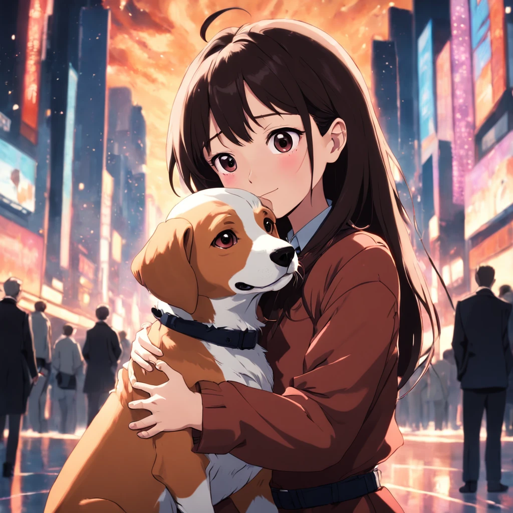 masterpiece, best quality, movie still, 1girl, hugging her dachshund dog very happy, beautiful vanilla sky background