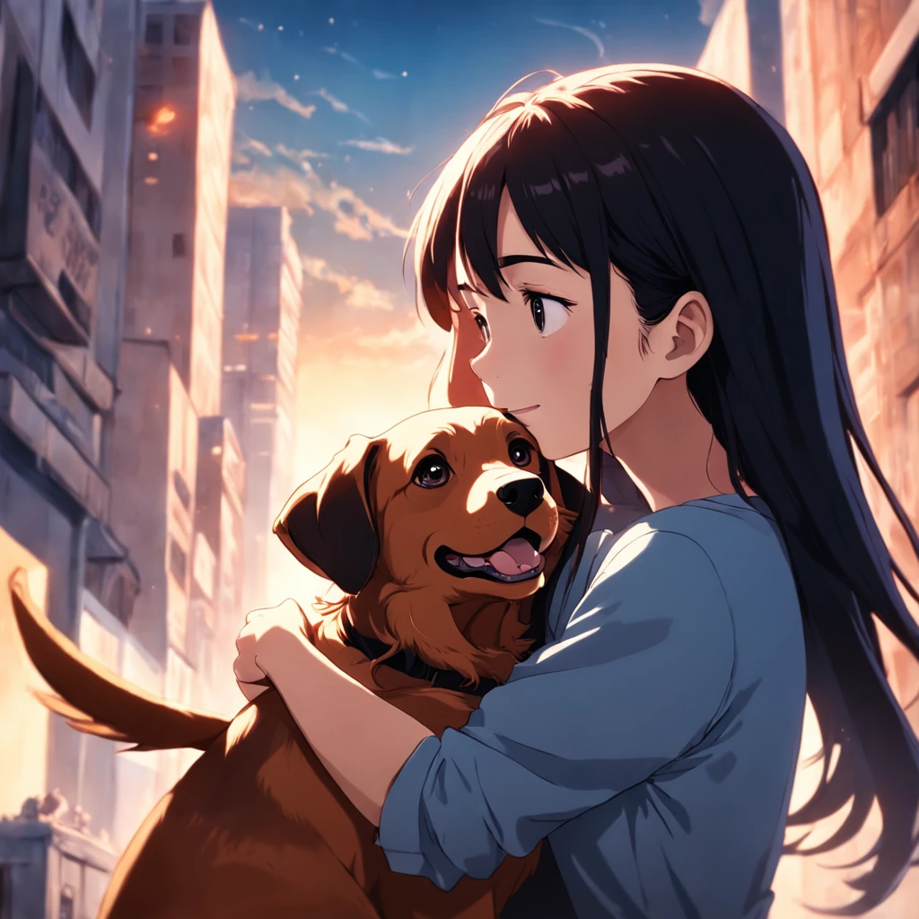 masterpiece, best quality, movie still, 1girl, hugging her dachshund dog very happy, beautiful vanilla sky background