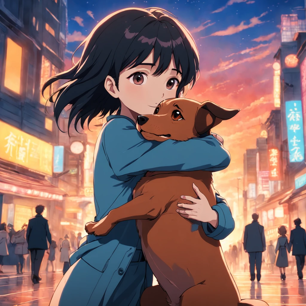masterpiece, best quality, movie still, 1girl, hugging her dachshund dog very happy, beautiful vanilla sky background