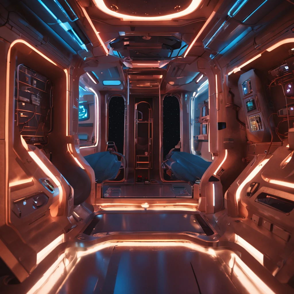 There is a storage platform inside the spacecraft capsule,Covered with glowing circuit pipes,Eleven glowing stars outside the window