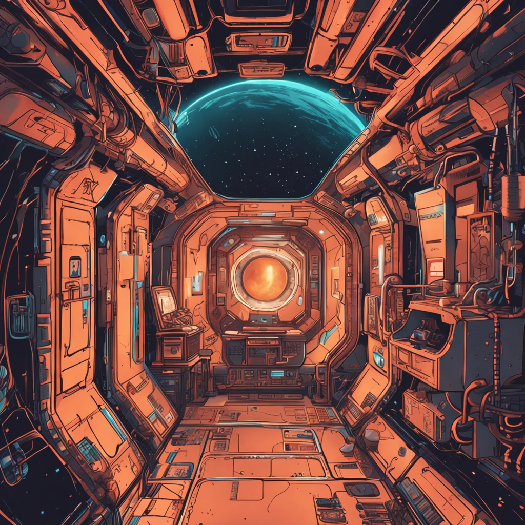 There is a storage platform inside the spacecraft capsule,Covered with glowing circuit pipes,Eleven glowing stars outside the window