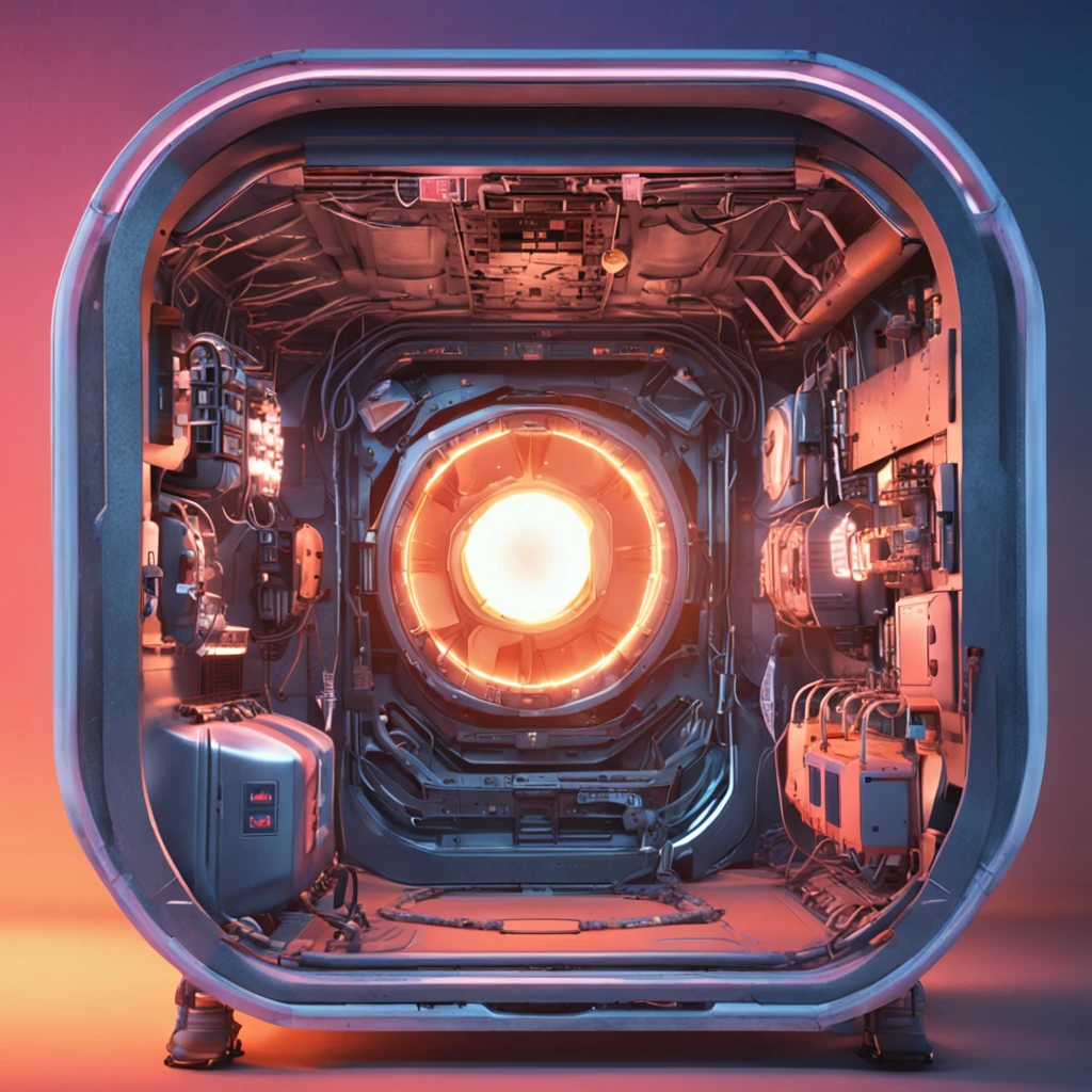 There is a storage platform inside the spacecraft capsule,Covered with glowing circuit pipes,Eleven glowing stars outside the window