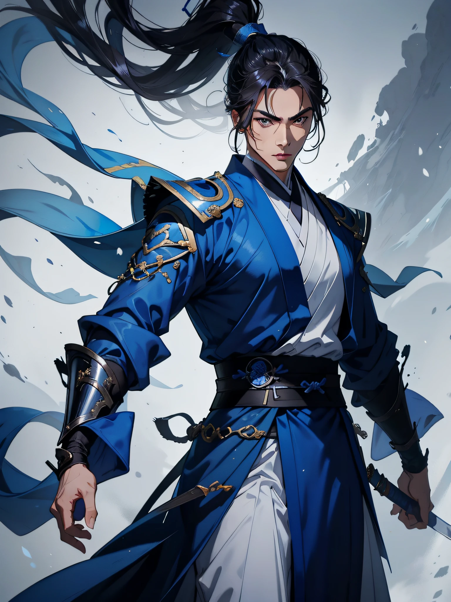 of a guy，Male martial arts，swordsman，The picture is bright blue main color，Dashing flowing hair，Costume styling，The eyes are fierce and proud，Handsome face，Darker skin，Armed with a sword，Masculinizing the face