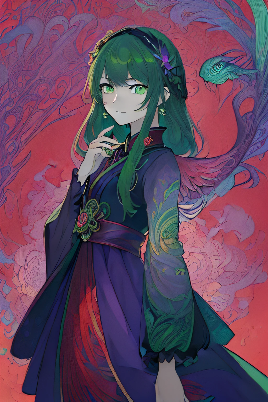 top-quality perfect detailed、((The upper part of the body))、(beautiful and clear background:1.25)、(depth of fields:0.7)、(1girl in、solofocus:1.4)、(Green_Eyes:1.5)、seducting smile、(Dark_Purple_Dress:1.4)、(shinny skin:1.3)、 (Curve:1.1), Volumetric lighting,good lighting,ighly detailed,Highly detailed CG Unity8k wallpaper,illustratio,((beautifull detailed face(masterpiece、top-quality、top-quality、Official art、Beautifully Aesthetic:1.2)、(One girl:1.3)、A highly detailed、(Fractal Art:1.1)、(colourfull:1.1)(florals:1.3)、The most detailed、(Zentangle:1.2)、full body Esbian、(Abstract background:1.3)、(shinny skin)、(Many colors:1.4)、、(耳Nipple Ring)、(pluma:1.5)、)), best qualtiy, (((ultra-detailliert))), high-resolution illustrations, hightquality, hight resolution, Side lighting, ((illustrationbest))), hight resolution,absurderes, ultra-detailliert, intricate detailes, flawless, High detail eyes,Perfect litthing, (extremely details CG:1.2)、perfect anatomia,(Red background:1.4),(Silhouette of a girl's head, Eyes closed, Colorful long hair, Oriental elements),(Oriental illustration:1.3,paper art:1.3, Quilted Paper Art:1.2),( High-quality design, Clear lines, High Sharpness,Best Quality, ultra-detailliert, masutepiece, Movie Light Effects, 4K 8K ),Full body photo,themoon,bird flocks,frontage