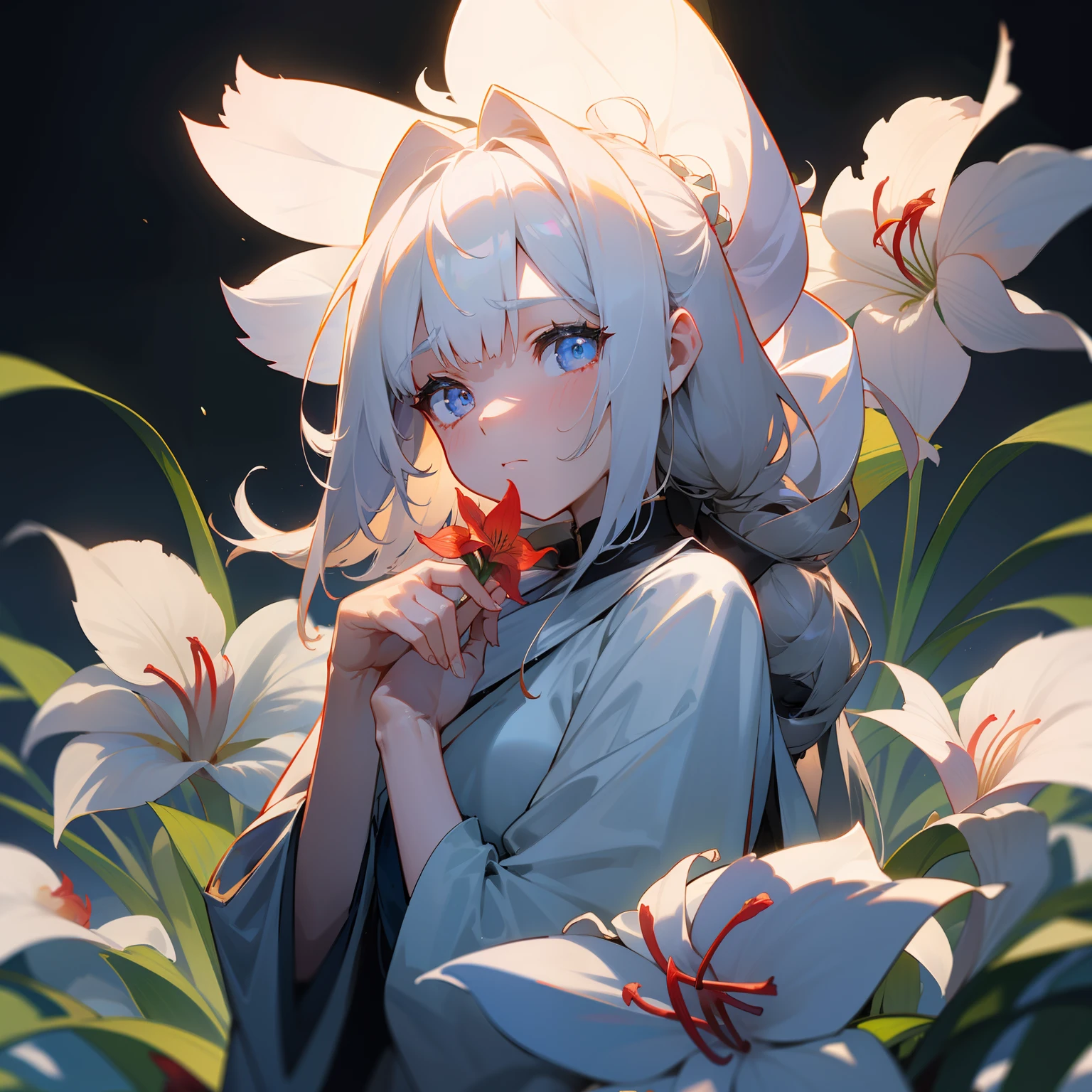 foamy、amaryllis、Independent and strong、Mysterious and beautiful, but with a temporary glow、Image of a woman feeling sad or lonely in the past、