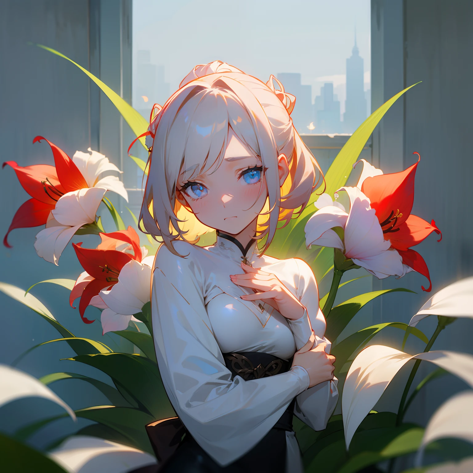 foamy、amaryllis、Independent and strong、Mysterious and beautiful, but with a temporary glow、Image of a woman feeling sad or lonely in the past、