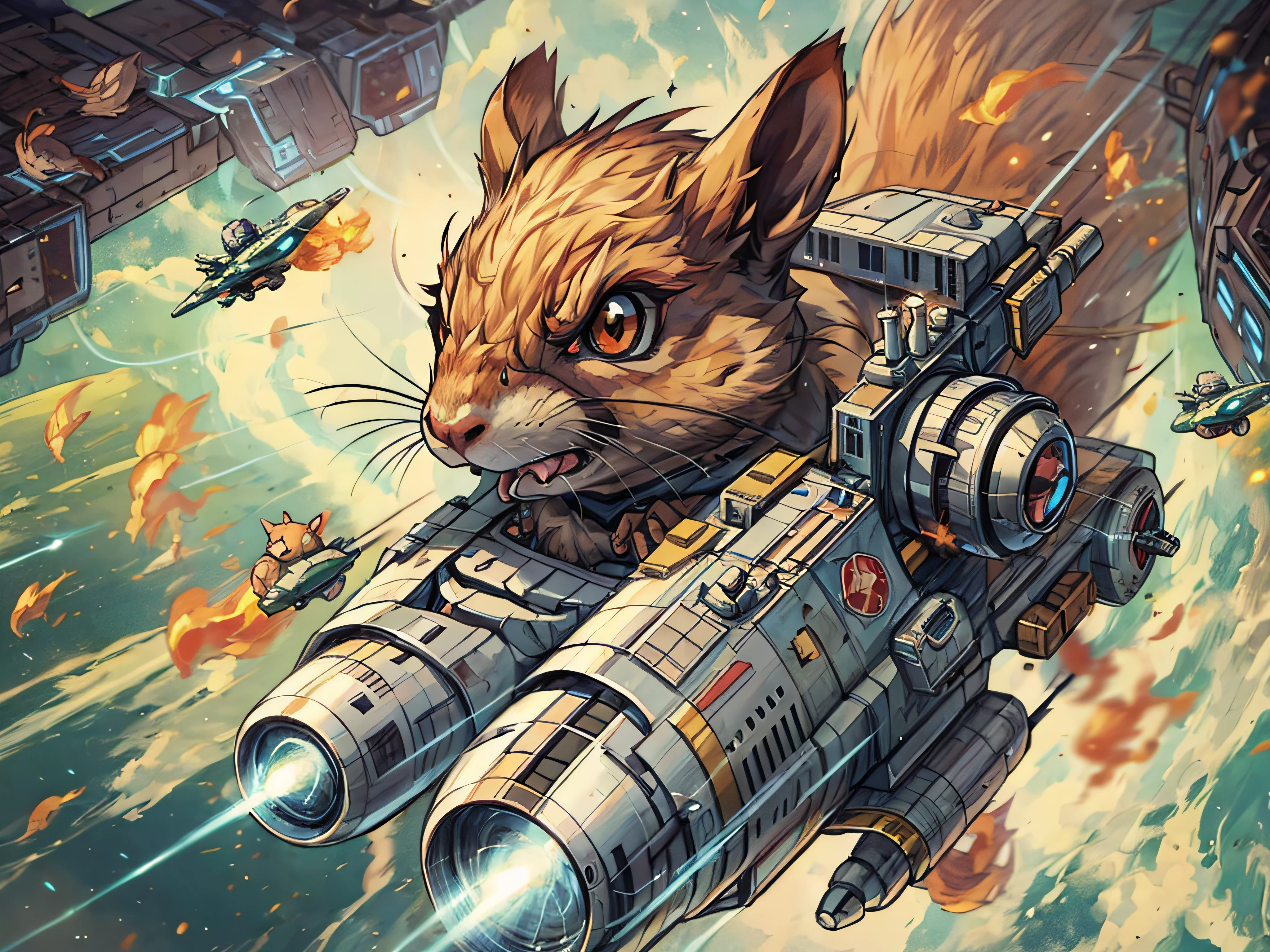 Earth invasion, (distant shot) of an (angry:1.3) squirrel (piloting) a battle spaceship