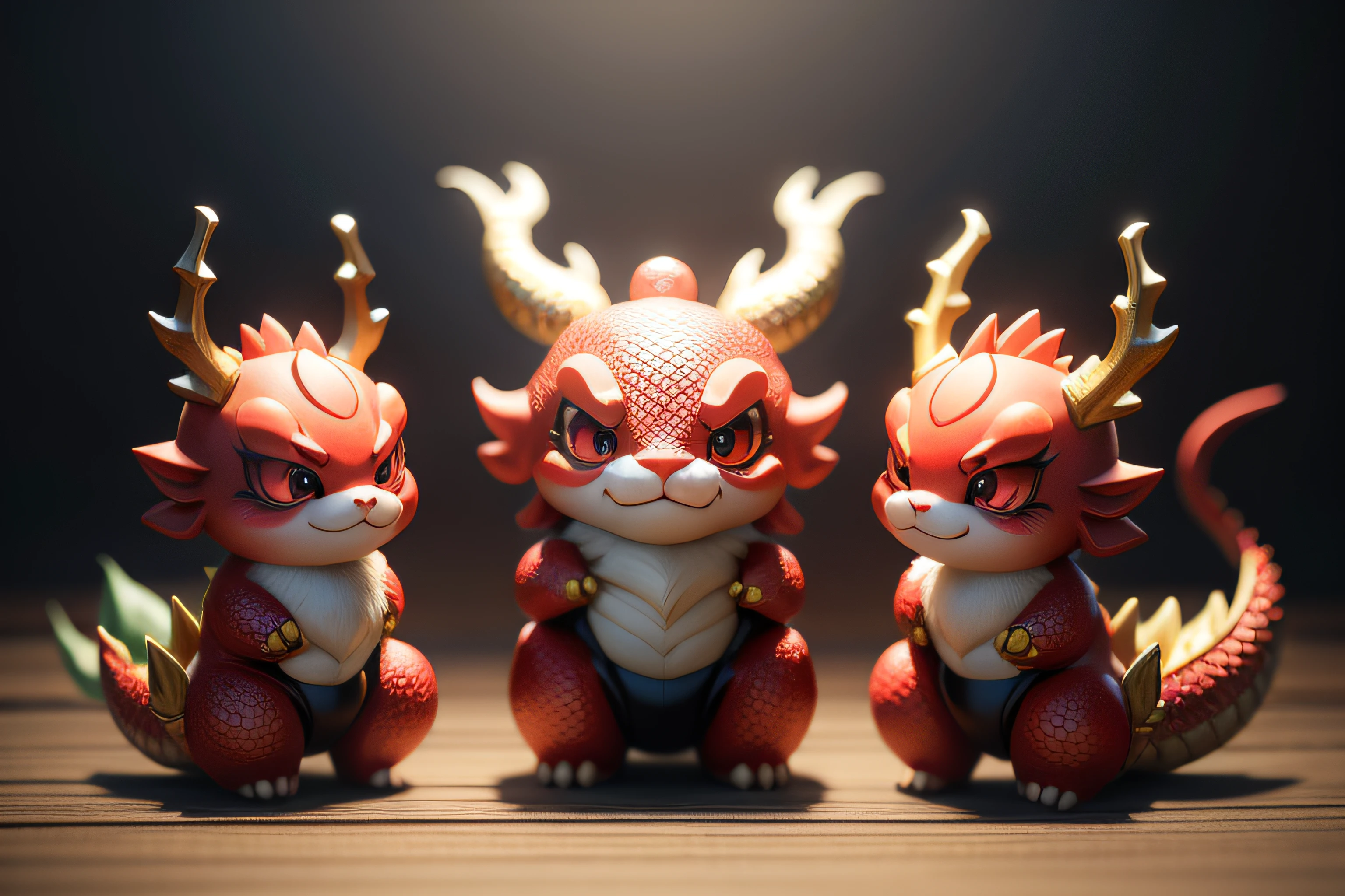 Chinese style cartoon dragon doll,(big headed,short antlers,largeeyes,The mouth smiles,There are dragon scales,),frontage, squatting pose,Figures