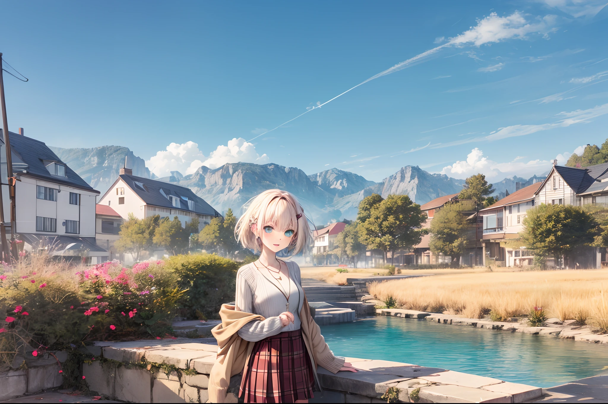 absurderes, (独奏:1.5,)ultra-detailliert,bright colour, extremely beautiful detailed anime face and eyes, view straight on, ;D, shiny_skin,25 years old, Short hair, , asymmetrical bangs, Blonde hair with short twin tails, Shiny hair, Delicate beautiful face, red blush、(Turquoise eyes), White skin, hair clips, earrings, a necklace, Cardigan, Clothes, Brown clothes,skirt by the