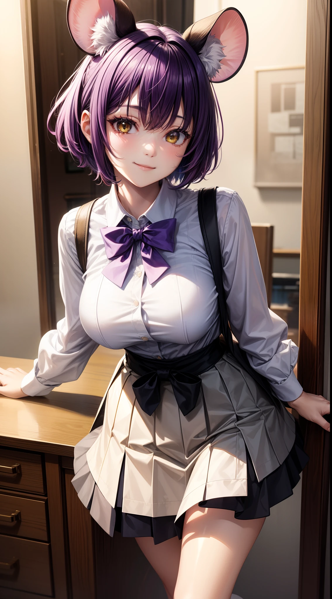 young girl, short purple hair, Yellow eyes, Mouse ears, tight white shirt with bow tie, tight black skirt, open breasts, Languid look, Lustful smile, Masterpiece, hiquality