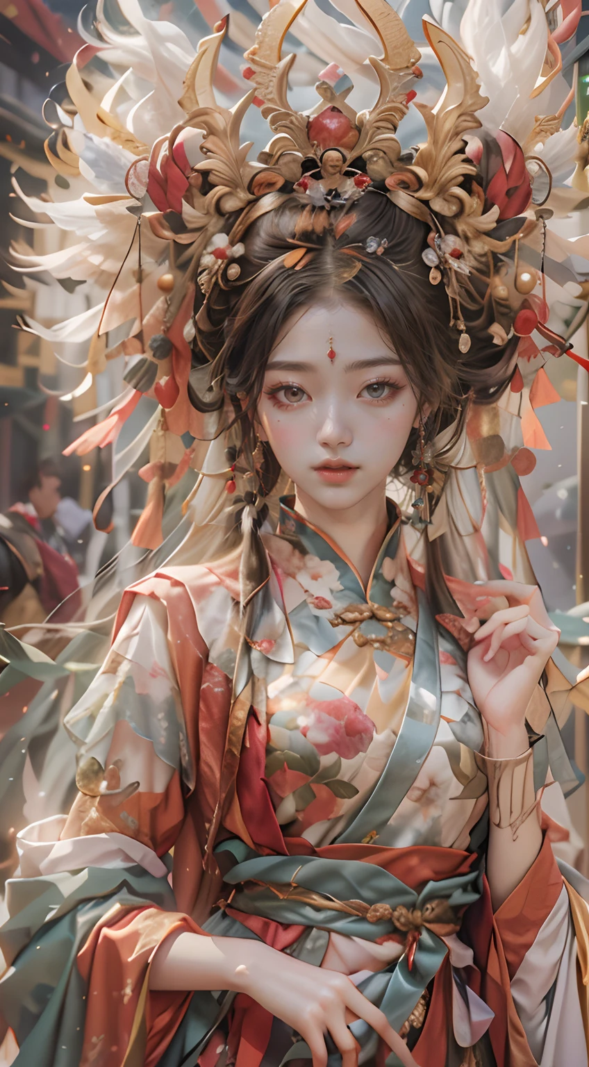 offcial art，Extremely detailed，oil painted，sputtering，1girll，The facial features are delicate and beautiful, non blurry，Red eyeshadow，light make-up，Gorgeous damask and silk accessories，Gorgeous feathers and headdresses，Chinese immortals，Female fairy，The sleeves flutter，The scarf flutters，Light smile，The girl is in the center of the frame，Full of fairy，The is very detailed，Ultra-high sharpness，超高分辨率，8K，Ray traching，lightand shade contrast，Deng Huang mural，realisticlying，。.。.。.3D，Full body photo，