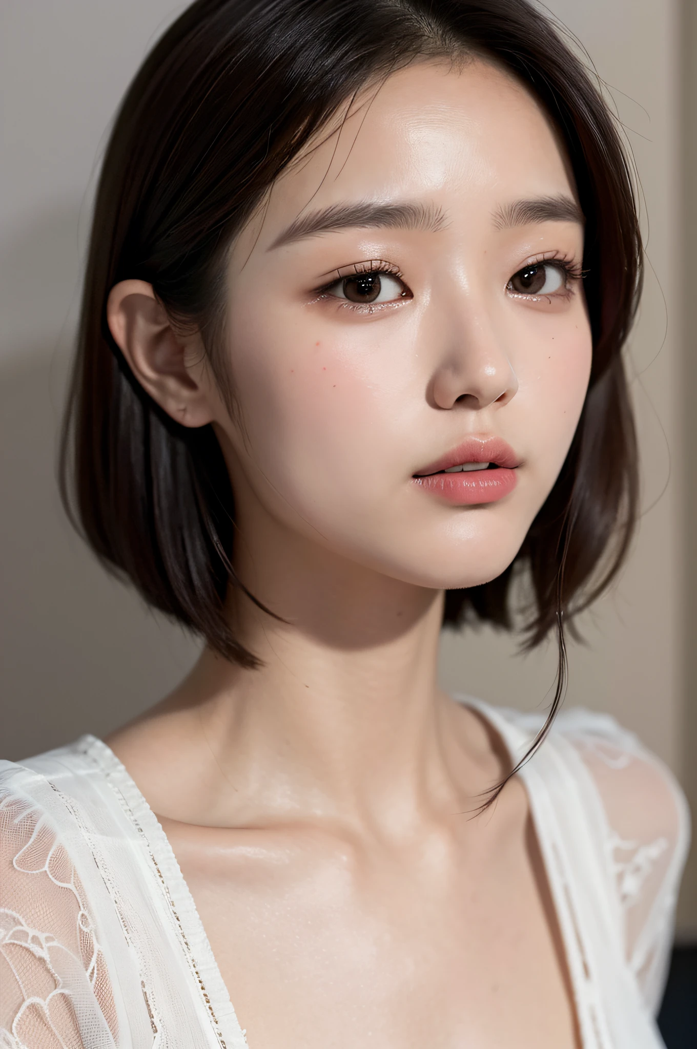 20 years old woman, short-hair, Calm tone, subdued colors, (Natural skin texture, hyperrealism, Soft light, edgy), a white T-shirt, JINS, Dressing room