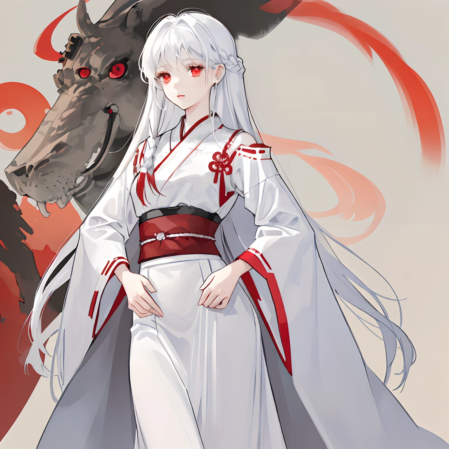 (A girl with white long hip length hair and ruby red eyes, dressed in a white skirt and white top, adorned with a white long haori featuring red details at the hem, inspired by the style of demon slayer, with a word on her hip full length picture )