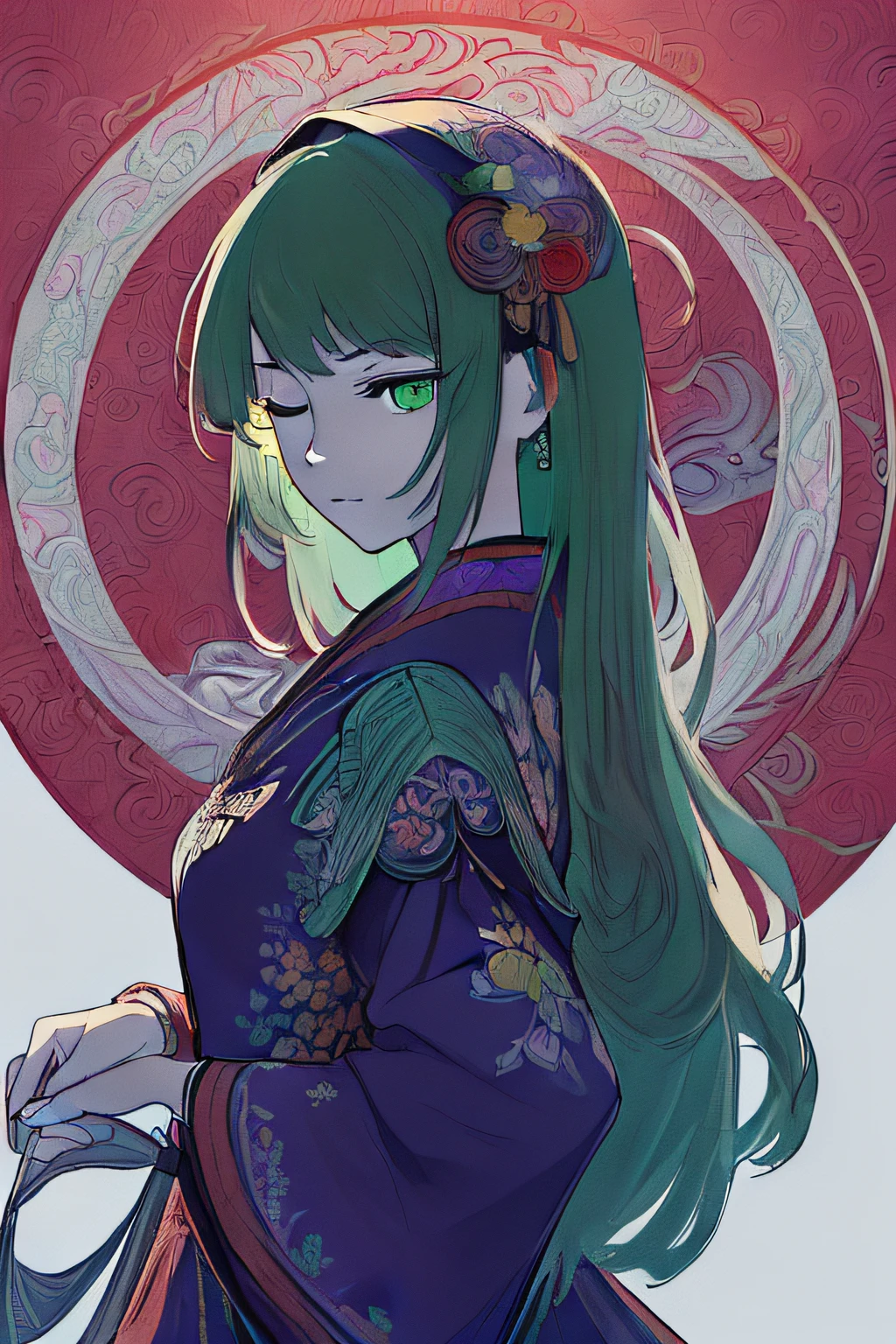 (White background:1.4),(Silhouette of a girl's head, Eyes closed, Colorful long hair, Oriental elements),(Chinese Illustration:1.3,paper art:1.3, Quilted Paper Art:1.2),( Reasonable design, Clear lines, High Sharpness,Best Quality, Very detailed, masutepiece, Movie Light Effects, 4K )top-quality perfect detailed、((The upper part of the body))、(beautiful and clear background:1.25)、(depth of fields:0.7)、(1girl in、solofocus:1.4)、(Green_Eyes:1.5)、seducting smile、(Dark_Purple_Dress:1.4)、(shinny skin:1.3)、 (Curve:1.1), Volumetric lighting,good lighting,ighly detailed,Highly detailed CG Unity8k wallpaper,illustratio,((beautifull detailed face(masterpiece、top-quality、top-quality、Official art、Beautifully Aesthetic:1.2)、(One girl:1.3)、A highly detailed、(Fractal Art:1.1)、(colourfull:1.1)(florals:1.3)、The most detailed、(Zentangle:1.2)、full body Esbian、(Abstract background:1.3)、(shinny skin)、(Many colors:1.4)、、(耳Nipple Ring)、(pluma:1.5)、)), best qualtiy, (((ultra-detailliert))), high-resolution illustrations, hightquality, hight resolution, Side lighting, ((illustrationbest))), hight resolution,absurderes, ultra-detailliert, intricate detailes, flawless, High detail eyes,Perfect litthing, (extremely details CG:1.2)、perfect anatomia,(Red background:1.4),(Silhouette of a girl's head, Eyes closed, Colorful long hair, Oriental elements),(Oriental illustration:1.3,paper art:1.3, Quilted Paper Art:1.2),( High-quality design, Clear lines, High Sharpness,Best Quality, ultra-detailliert, masutepiece, Movie Light Effects, 4K 8K ),Full body photo,themoon,bird flocks,frontage