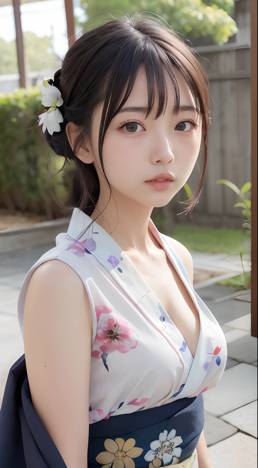 (masutepiece, Best Quality:1.4), Beautiful face, 8K, 85 mm, absurderes, (floral pattern yukata:1.4), The upper part of the body, Exposing breasts、 violaceaess, gardeniass, Delicate girl, Solo, Night, Looking at Viewer, Upper body, Film grain, chromatic abberation, Sharp Focus, face lights, Professional Lighting, Sophisticated, (Smile:0.4), cleavage, (Simple background, Bokeh background:1.2), Detail Face