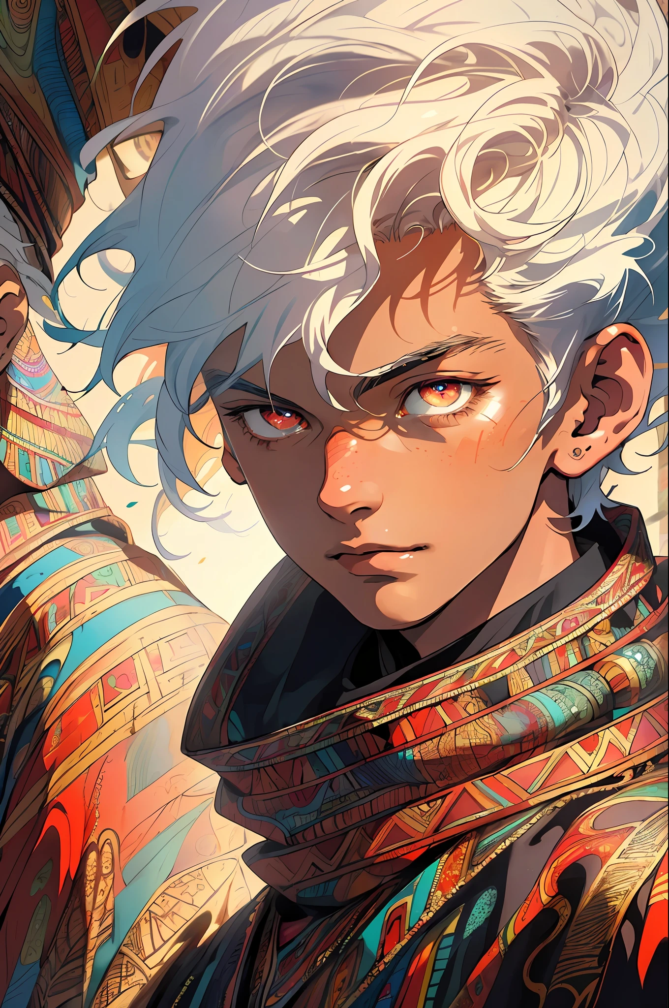 Realistic, (Masterpiece, Top Quality, Best Quality, Official Art, Beauty and Aesthetics: 1.2), Very Detailed, Fractal Art, Colorful, Most Detailed, Zentangle, (Abstract Background: 1.5) (1boy: 1.3), God, White Hair, Short Hair, (Glowing Red Eyes), Mysterious, (Magic), Ice, Handsome Man, Egyptian Style
