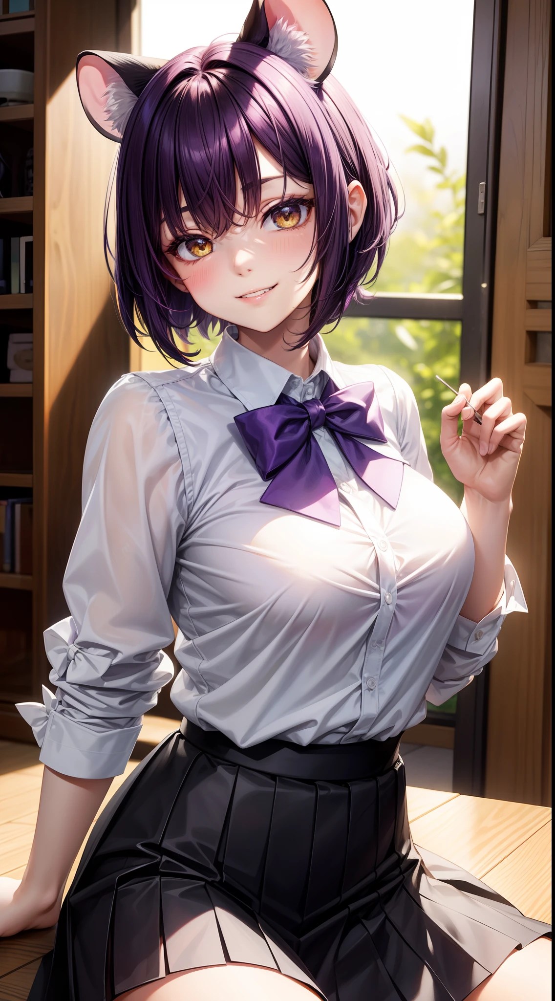 young girl, short purple hair, Yellow eyes, Mouse ears, tight white shirt with bow tie, tight black skirt, open breasts, Languid look, Lustful smile, Masterpiece, hiquality