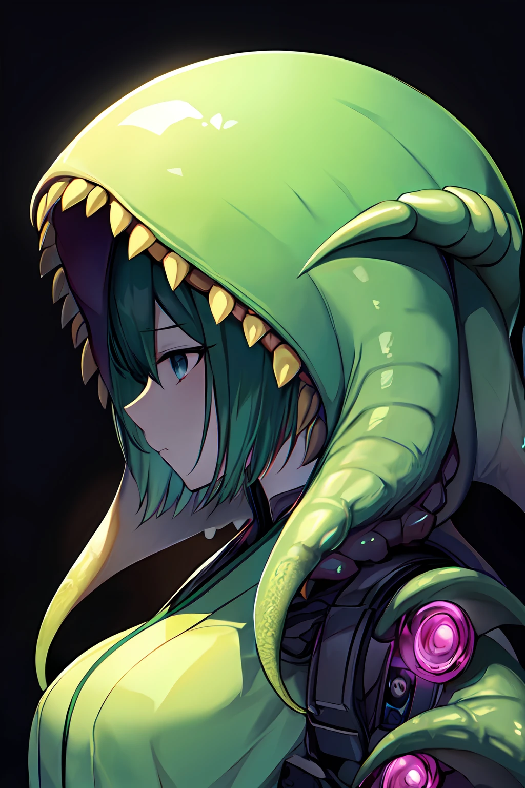 Cthulhu，Monster，Cyborg girl aesthetic anime Japanese sad girl, Black background, facing camera, Grief vibes,  high technology,