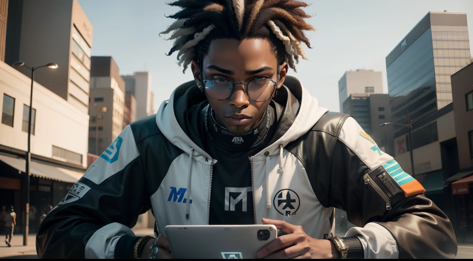 "Urban futuristic and afro vibe, photo-realistic depiction of an androgynous African male with a technerd look (all clothing with RM Logo on them), showcasing their non-binary identity, in high definition."