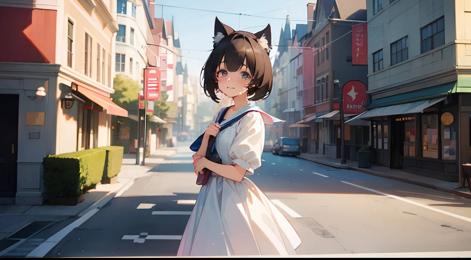 Crying cat-eared girl、I want to kiss you cutely..、The other party is an invisible person、I'm crying because I can't kiss even though I know I'm there.。Reach out and hug、On the pedestrian bridge on the main street of the city、With Gwaitz-inspired artwork、Smooth Anime CG Art、3 d anime realistic、4 k digital art!"