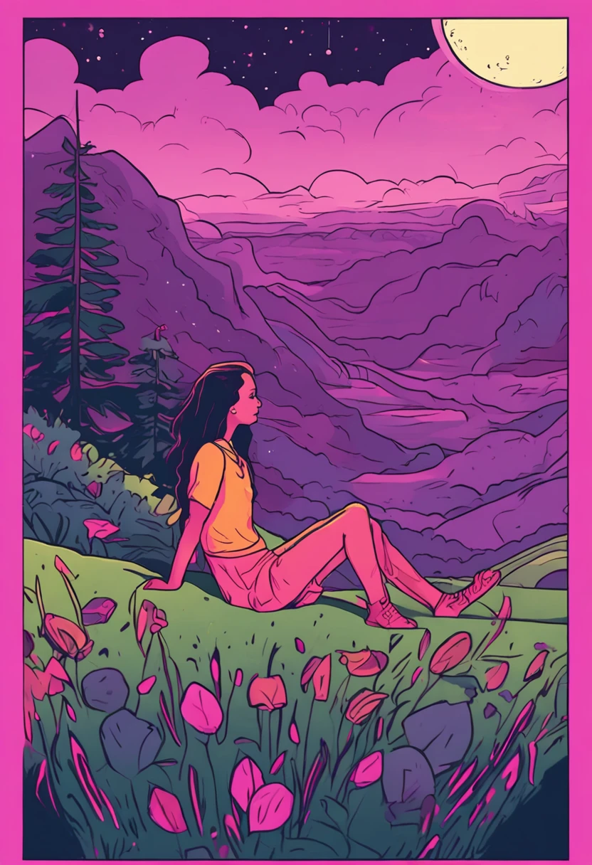 universe, mountain, a good looking women laying in grass and looking at sky, purple aesthetic, trippyart, trippyillustration