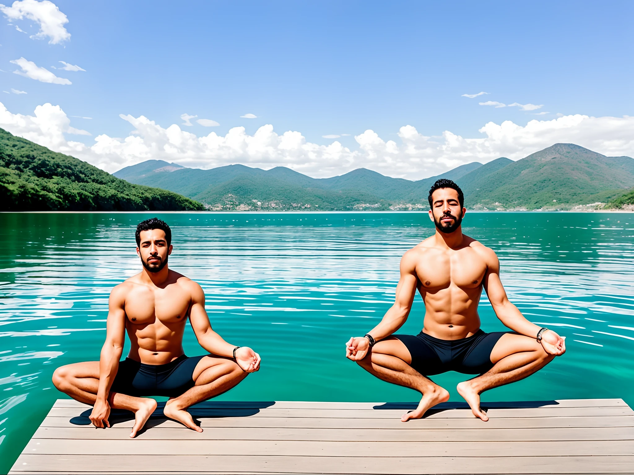 arafed man sitting on a dock with his legs crossed and eyes closed, doing splits and stretching, artistic pose, doing a majestic pose, very artistic pose, doing a hot majestic pose, powerful pose, dramatic pose, doing an elegant pose, yoga pose, an artistic pose, full body pose, symmetrical pose, cool pose, caio santos