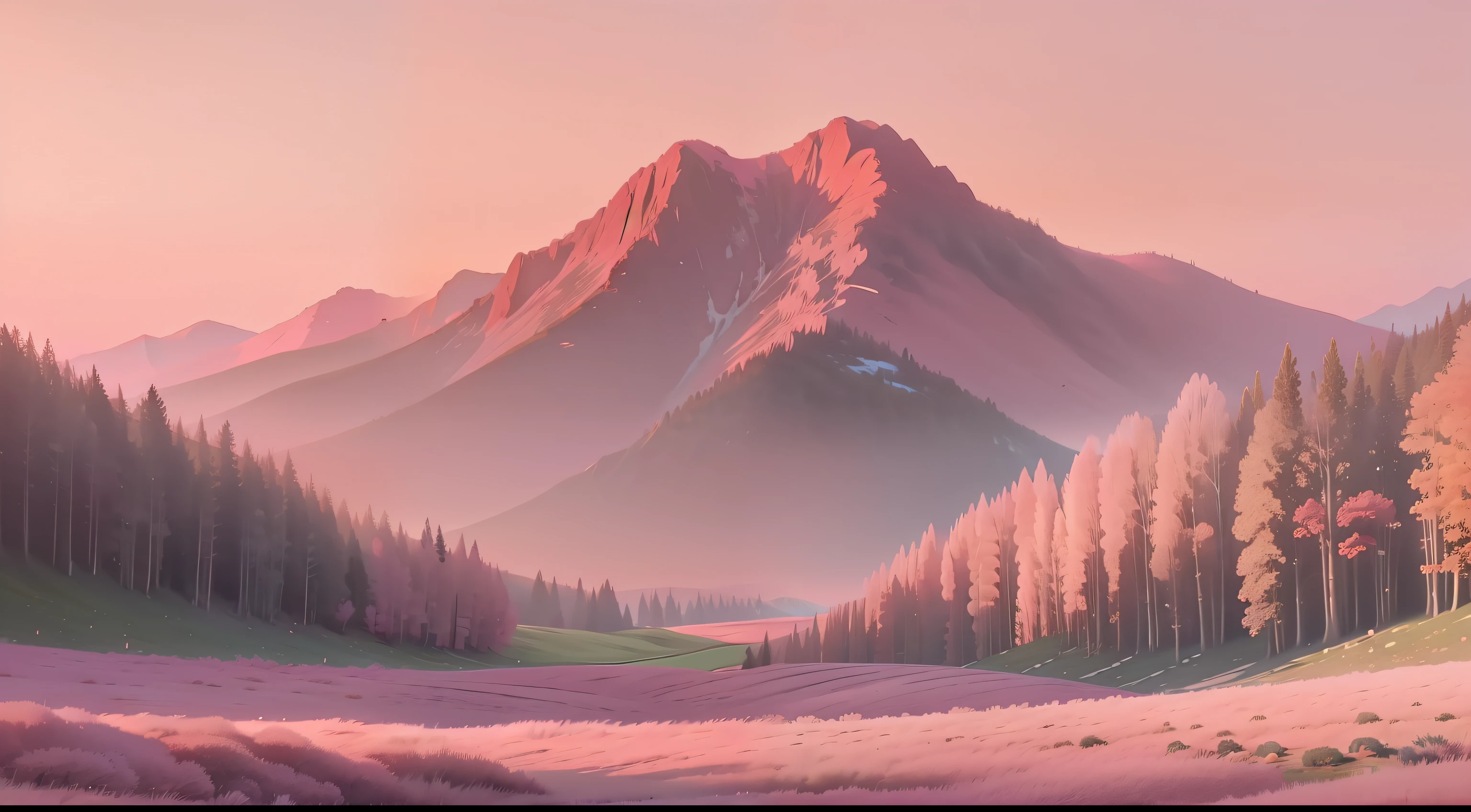 There is a meadow，The background is mountains, Pink grass, pink landscape, Pale pink grass, pink golden hour, Surreal phantom landscape, pink mist, pink hues, Dreamy landscape, pink skies, heaven pink, red grass, ethereal landscape, Pink sky, dreamy scenes, pink sunset hue, Pink sunset, in a surreal dream landscape, Pink Forest