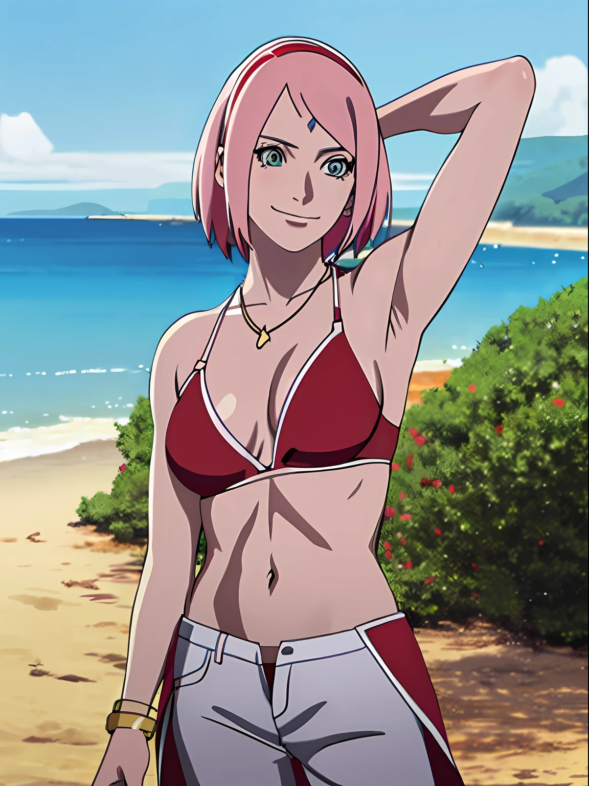 masterpiece, 4k, ultra hires, portrait, anime style, high brightness, best quality, 1girl, flexing arm muscles, haruno sakura, cowboy shot, professional artwork, detailed beach background, intricate details, colorful, digital blending, (ultra detailed body, ultra detail hair, ultra detail face), trending on pixiv,
hot smile, (forehead mark, milf, red hairband, pale skin, small breasts, short hair, ((red bikini, micro bikini top, bikini top only), (gold necklace), white pants), (navel, belly button, bracelet, pink hair, open eyes, big eyes), smile, beach, wind, floating hair, detailed arms, off-shoulders, broad shoulders, slightly muscular arms, (dirty armpits, armpit pocket), standing)