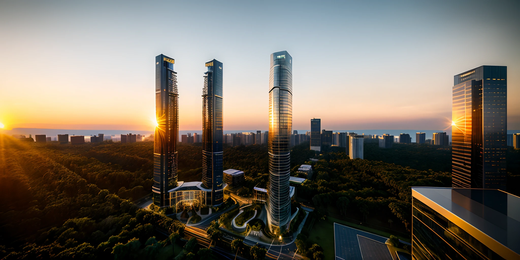 "An awe-inspiring archiaerial view of a magnificent skyscraper at sunset, showcasing its remarkable architecture, surrounded by lush trees. This masterpiece is of the highest quality, with super detailed and photorealistic rendering in stunning 8k resolution, capturing every sharp focus and intricate line."