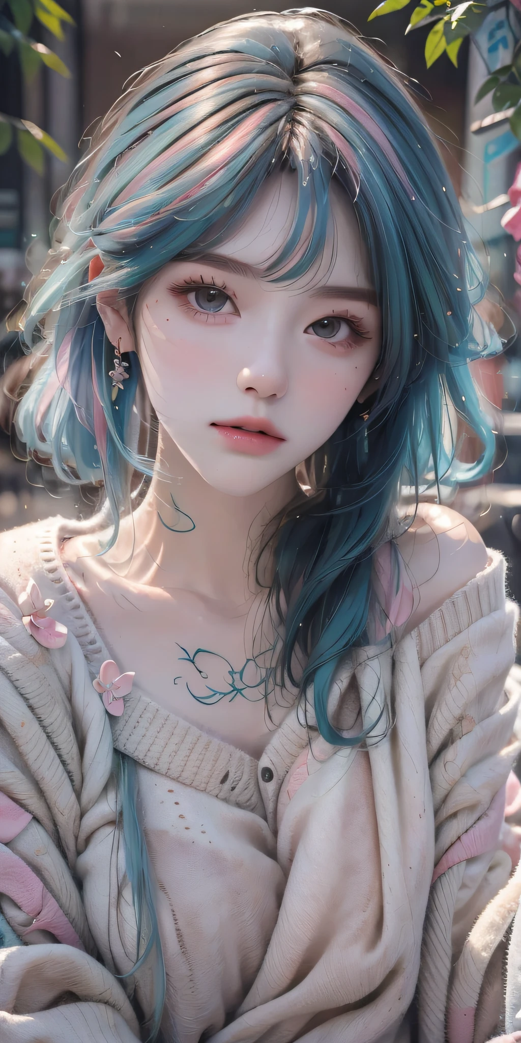 Sweet girl， medium boob，((Sweaters)), frontage，Colored hair，cropped shoulders，There are tattoos on the arms，inspired by Sim Sa-jeong, cute elegant pose, Kawaii realistic portrait, Soft portrait, 8K)), Portrait c 12.0, portrait c 1 2. 0, inspired by Ma Yuanyu, sakimichan, In pastel colors