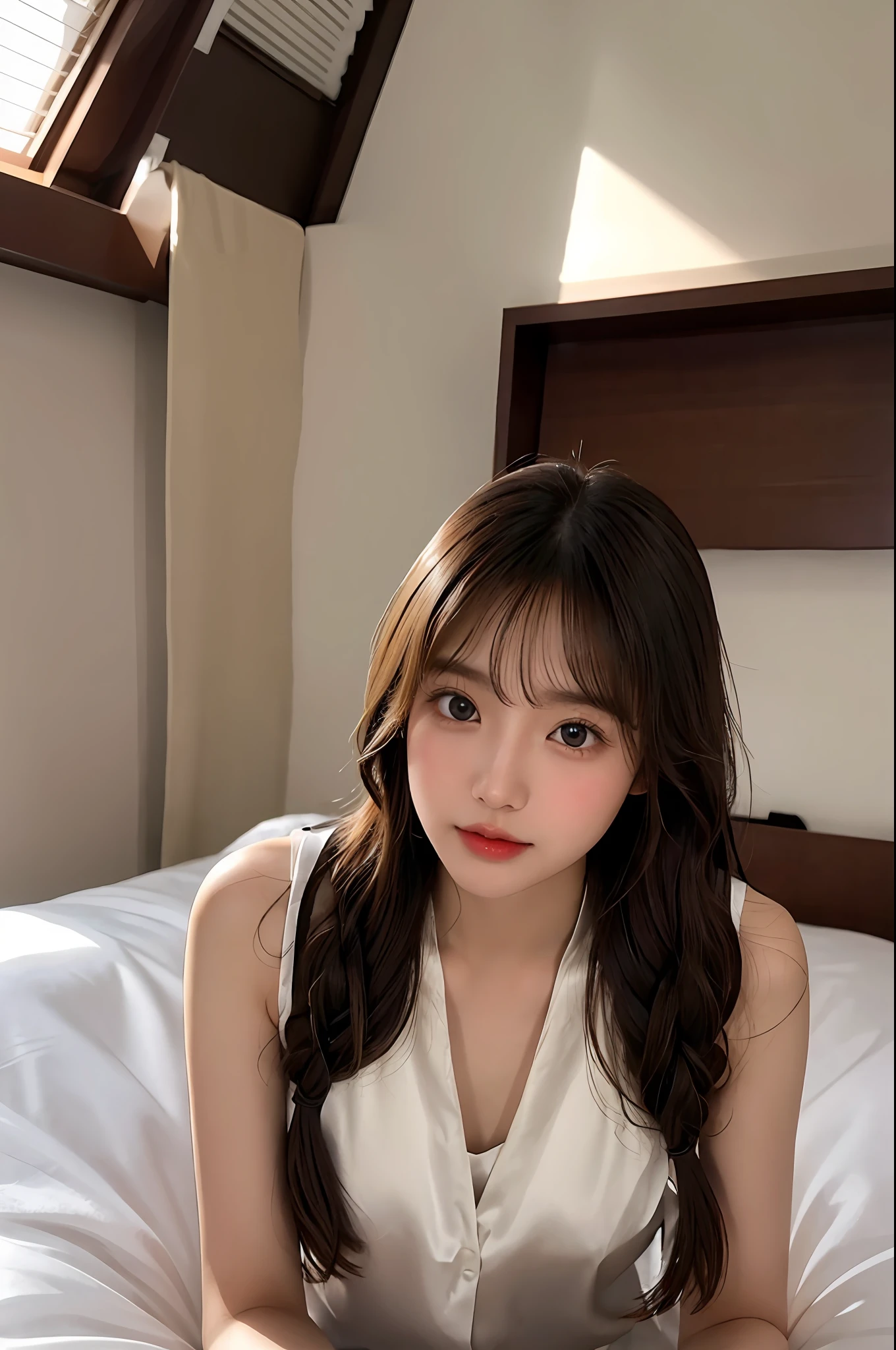 finely, High resolution, high quality、perfect dynamic composition,  girl、young face、neat and cute girl、detailed and beautiful eyes, double eyelid、light brown layered cut、straight hair、bangs、on the white bed、lie down、Self snap、selfie、looked back、long legs、despise、natural color lip, 1 person、neat and cute girl、清楚でyoung face、transparent skin、white skin、Bedroom、in the room、Stylish clothes、room wear、beautiful feet、thin legs、shake your head、Hey hey smile、slight smile、despise、Condescending、Laughed