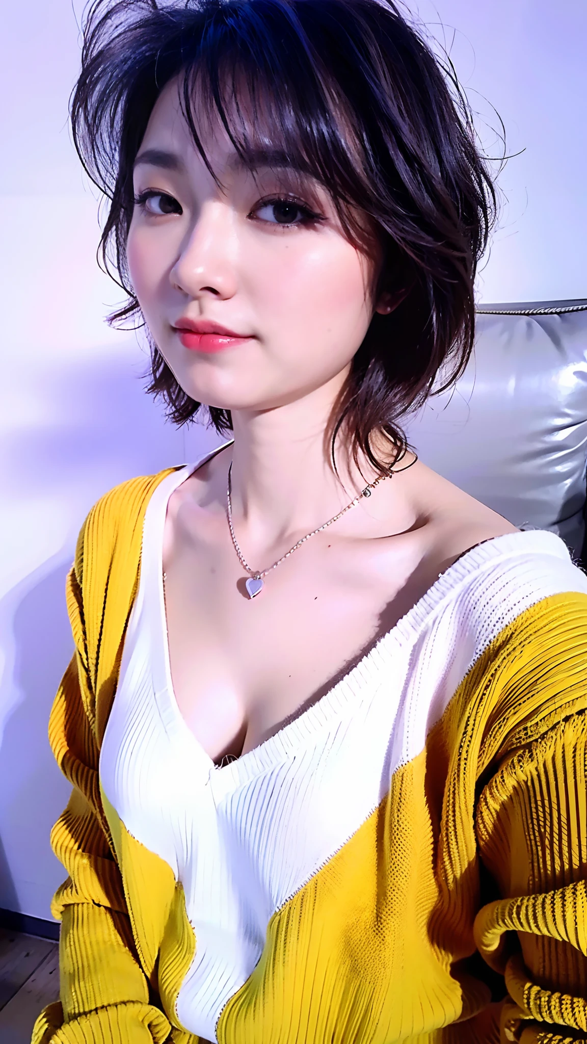 (Best quality, 8k, 32k, Masterpiece, UHD:1.2),Photo of Pretty Japanese woman, large breasts, very short bob hair,upper body,face focus,oversized_sweater, necklace, simple background, from above, looking at viewer,