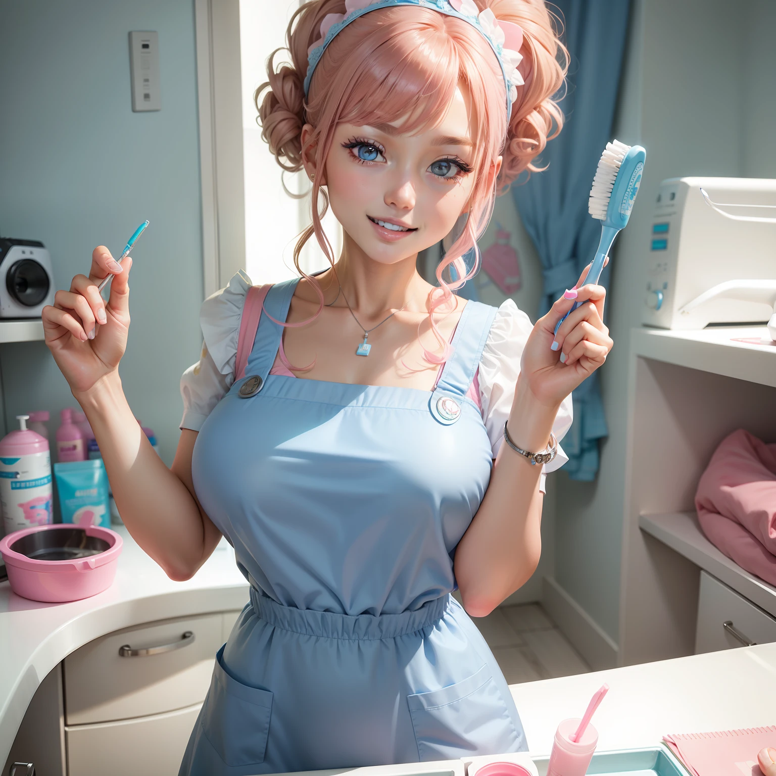 Dental Hygienist Idol1a person、Dental clinic、large full breasts、Point the detailed light blue toothbrush at the camera(With toothpaste)、light brown hair、pink clothing(pinafore)、Pretty close