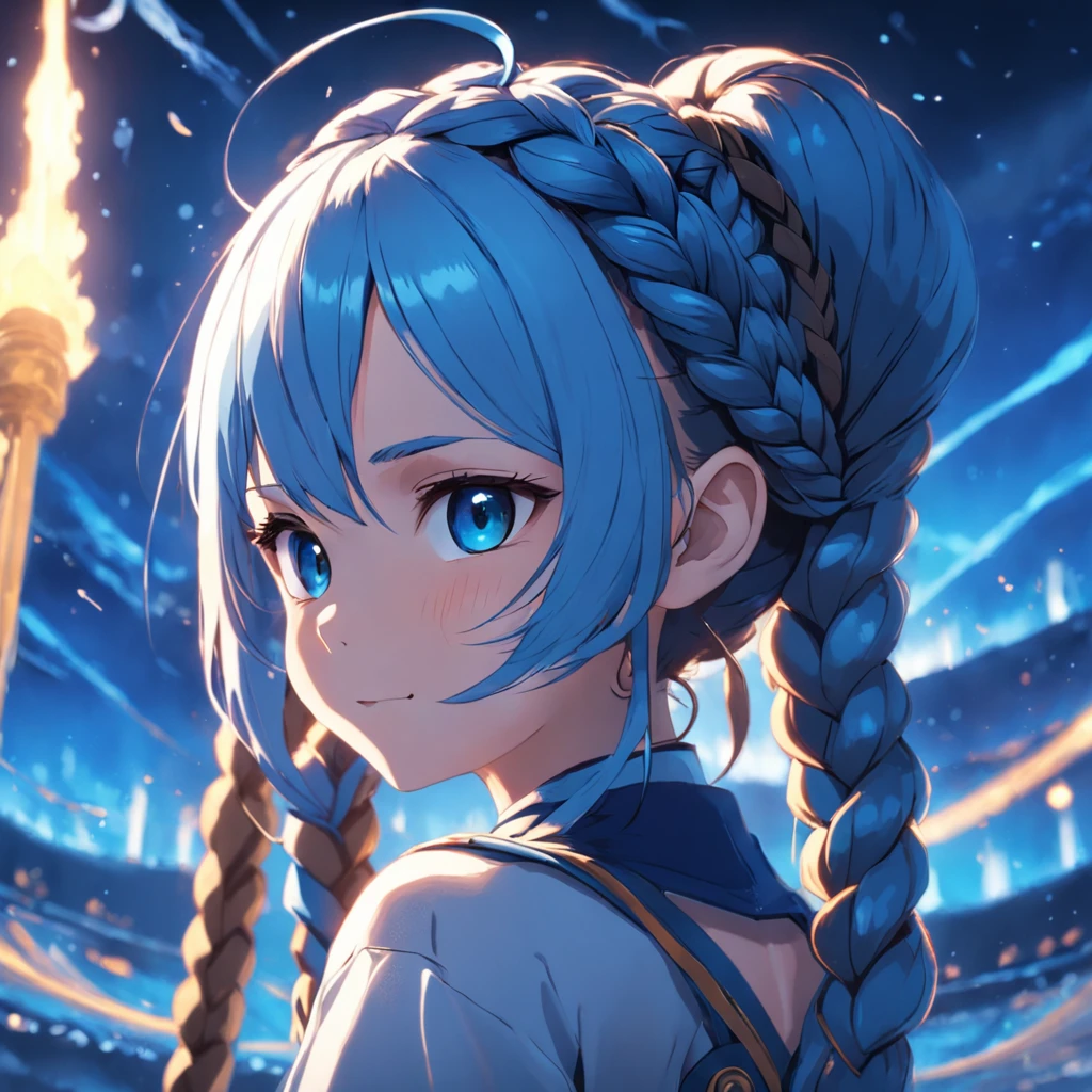 Blue double braid,best qualtiy,tmasterpiece,Magic hat,magical staff,1girl,ssmile,closeup cleavage,quadratic element,8k,Vast land