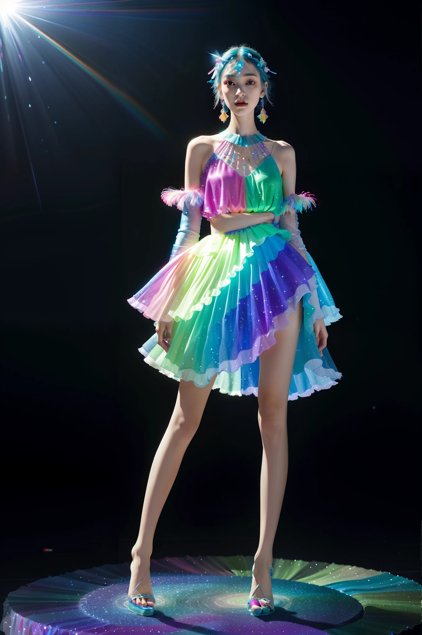 A surreal avant garde outfit that defies expectations. The model wears an animate dress of nano-fabric that shifts colors and patterns hypnotically via chromatophore technology. The material seems alive, slowly undulating and enveloping her body. Holographic feathers project across the shoulders, fluttering gently. Crystal fractal headpiece refracts rainbow starbursts around her face. She poses serenely as the dress responds to her mood, shimmering bioluminescent ripples across its surface. The vision induces wonder at what future fashion could become. Vibrant colors and dreamlike details surround the model as clothing takes on a life of its own