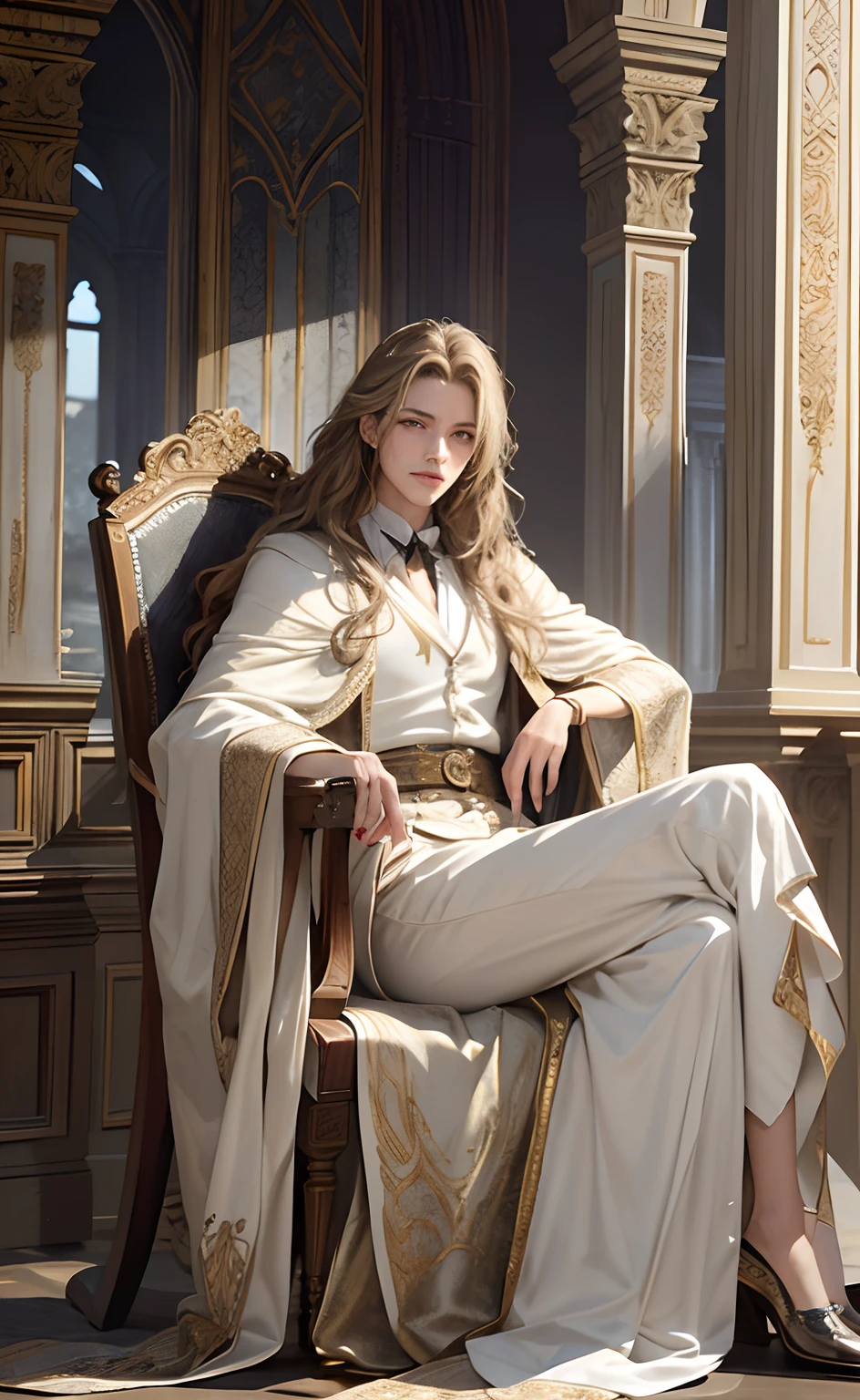 (Masterpiece level, offcial art, Beautiful and beautiful work),(Best quality:1.2), (Beautiful detailed eyes :1.2), Light on the face,Cinematic lighting effects, A masterpiece of the city,best qualtiy,1boy,Handsome,long whitr hair,Fine eyes and detailed face,(Ancient French clothing),Light smile depth of field effect, Full body appearance,".