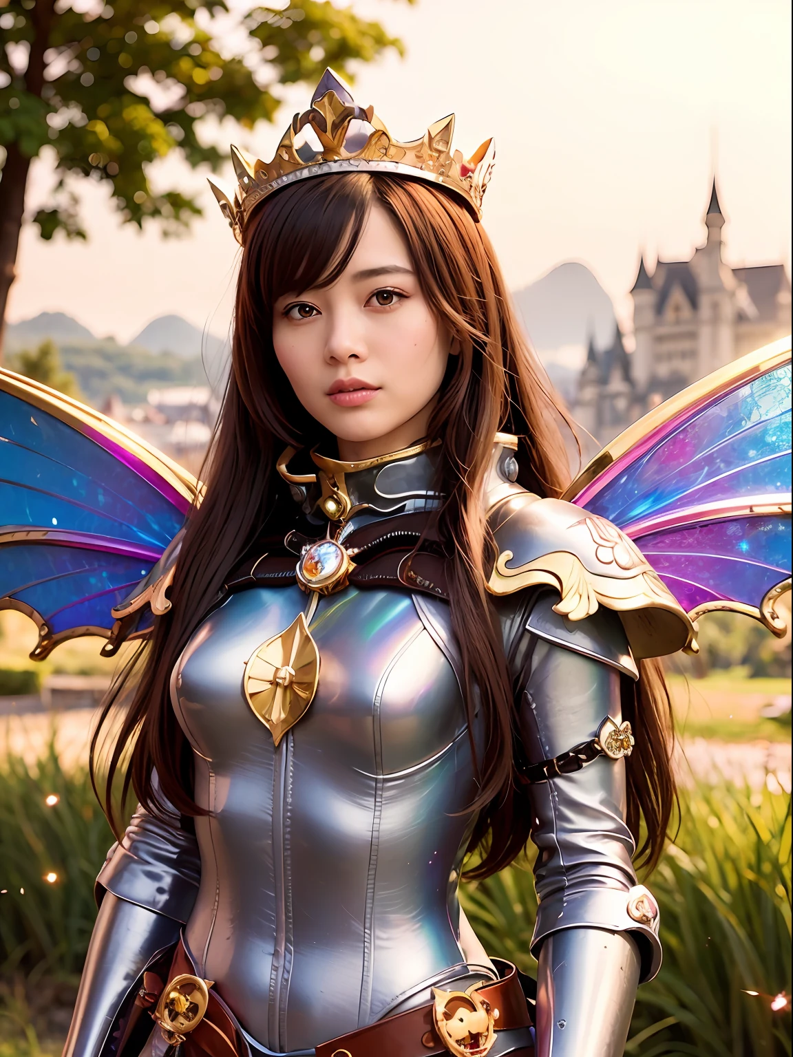 (masutepiece), Professional , ​masterpiece、top-quality、photos realistic , depth of fields （Gemstone Silver Metal Body:1.９),(Matte Pink、Jewel Gold Weapon、（Gorgeous castle background）、（ultimate beauty girl）、（Rainbow fairy wings grow）、Particles of light、（Metal body of iridescent gemstones:1.９),Gorgeous Jewel Metal Weapons , Detailed Sword of the Brave ,（ a blond）   ,warhammer 40k , adepta sororitas,Detail and ornate jewel crown、独奏、Brown hair、（Gangle's forest background）、Beautiful Caucasian beauty、１a person、dynamic ungle,(((Diamond tiara with detail and luxury)))、a small face、Powerful poses、（Gorgeous castle background）、huge filesize、20 year old beautiful woman、Stand in the center of the screen、Thin female fingers、Straight long hair、Beautiful Caucasian beauty、（maikurobikini）、Hair fluttering in the wind、face forwards、Look at viewers、