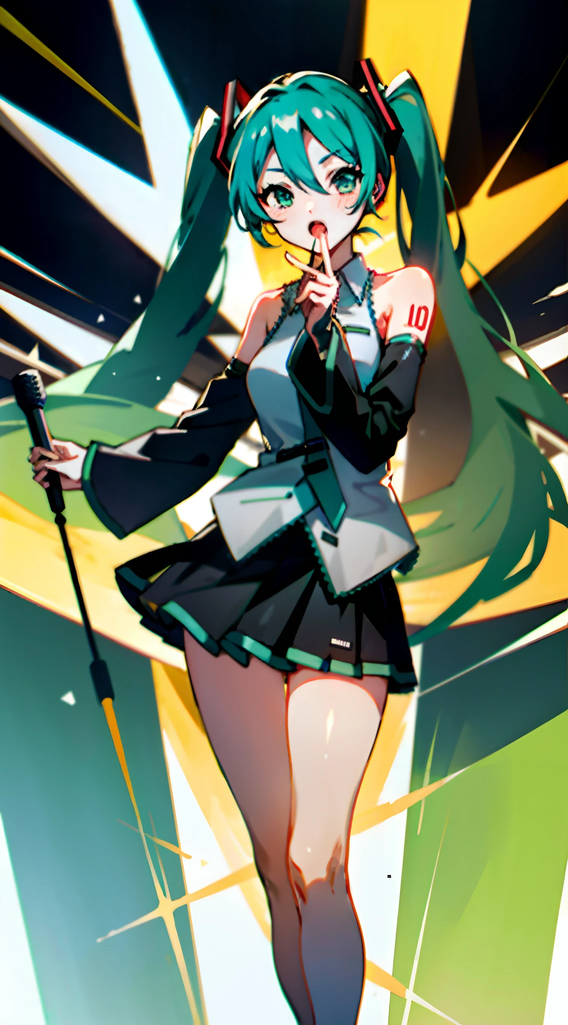 Big breasts Hatsune Miku，Electronic singer，Green green hair，bare shoulders​，a black skirt，black sleeve，Separate the sleeves，(White color blouse)，8K，A high resolution，perfect hand，Perfect Finger，Green eyes，Concert background，Only beautiful thighs are exposed，Open your little mouth，The clothes are white，The number on the upper arm is 01