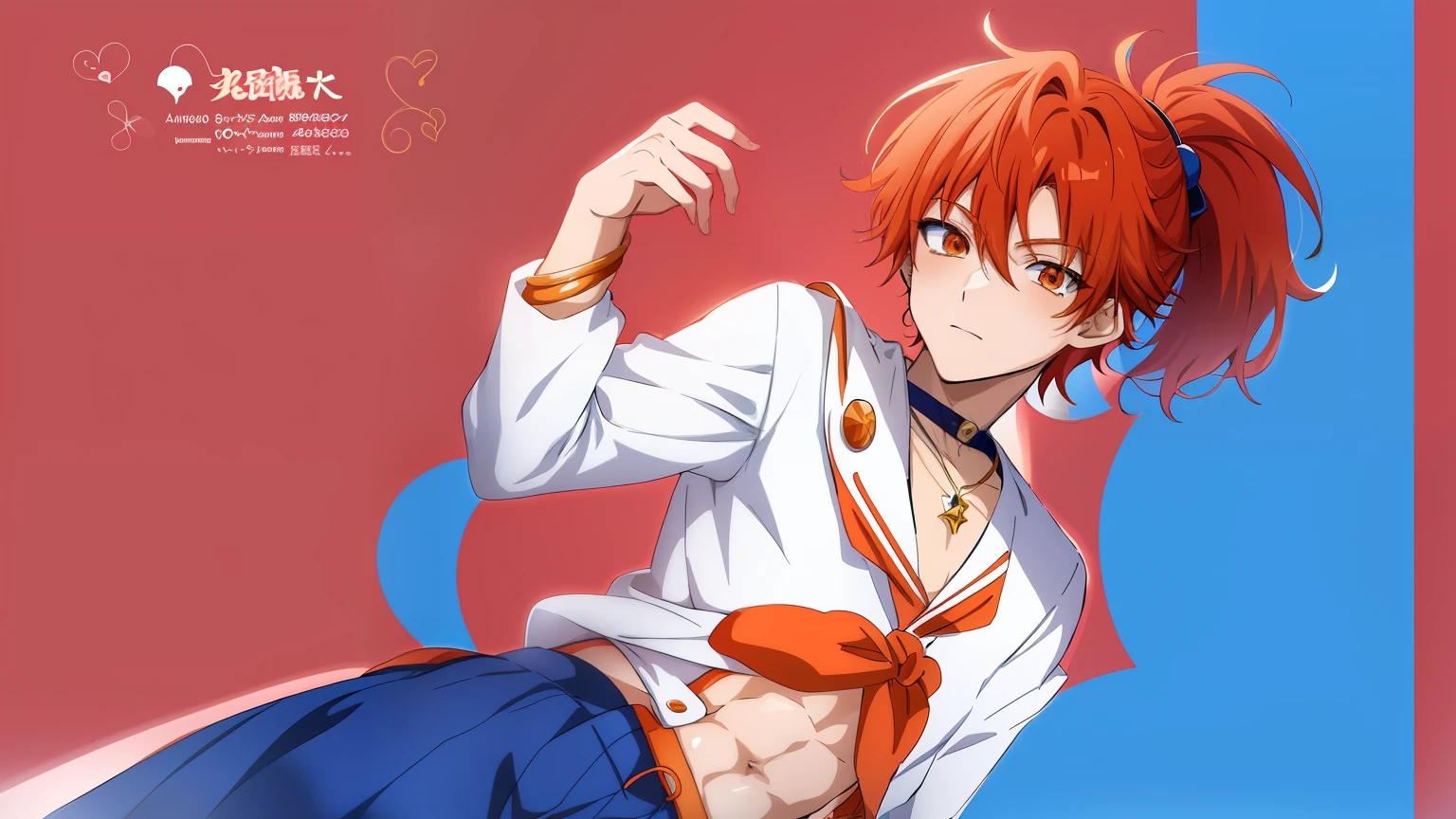 Anime boy with orange hair, Anime boy in white sailor suit, Anime boy in blue skirt, Anime boy pose in photo, Boy with orange short ponytail hair, Boy with brown eyes, aya takano color style, Muscular men,