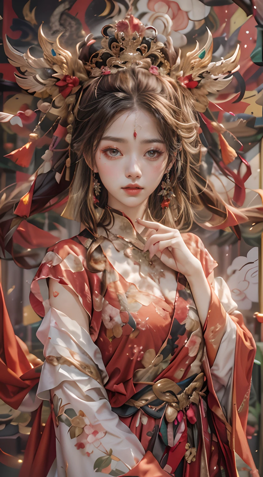 offcial art，Extremely detailed，oil painted，sputtering，1girll，The facial features are delicate and beautiful, non blurry，Red eyeshadow，light make-up，Gorgeous damask and silk accessories，Gorgeous feathers and headdresses，Chinese immortals，Female fairy，The sleeves flutter，The scarf flutters，Light smile，The girl is in the center of the frame，Full of fairy，The is very detailed，Ultra-high sharpness，超高分辨率，8K，Ray traching，lightand shade contrast，Deng Huang mural，realisticlying，。.。.。.3D，Full body photo，