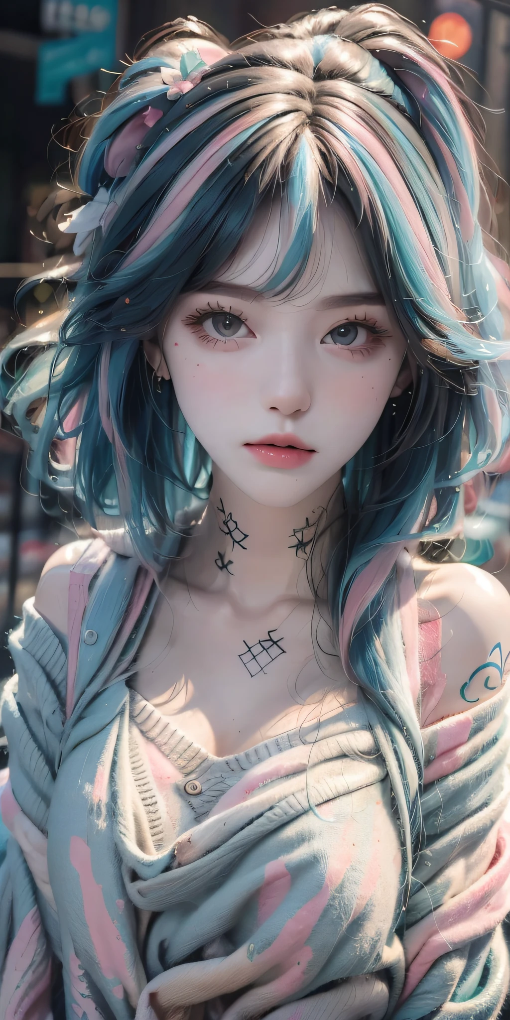 Sweet girl， medium boob，((Sweaters)), frontage，Colored hair，cropped shoulders，There are tattoos on the arms，inspired by Sim Sa-jeong, cute elegant pose, Kawaii realistic portrait, Soft portrait, 8K)), Portrait c 12.0, portrait c 1 2. 0, inspired by Ma Yuanyu, sakimichan, In pastel colors