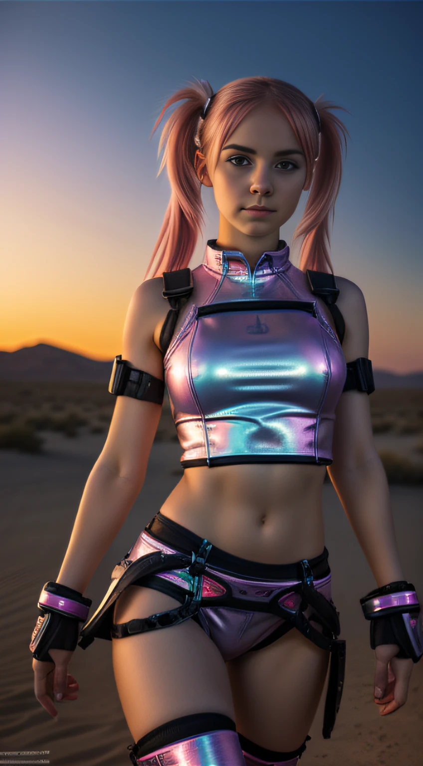 RAW photograph, photorealistic, incredibly high quality, high detail, 1 girl, solo, cute 18-year-old girl with pink hair in twin tails, ((perfect female body)) multiple rainbow colored hair, perfect detailed blue eyes, happy, Ukrainian, petite, pale skin, wearing a pink shimmering metallic sexy outfit, stomach visible, playboy, stockings, thigh band, arm band, jewelry, post apocalyptic background, bleak barren desert, photo realistic, shy smirk, sensual, sexy, erotic, rgb, rave