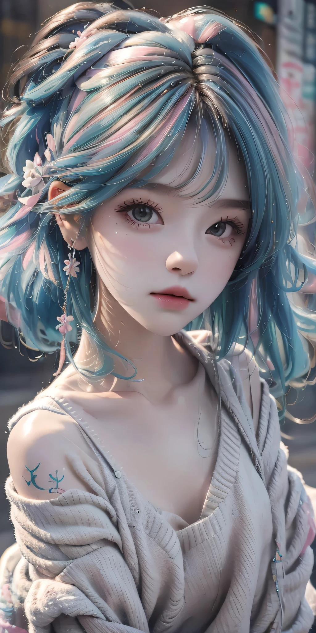 Sweet girl， medium boob，((Sweaters)), frontage，Colored hair，cropped shoulders，There are tattoos on the arms，inspired by Sim Sa-jeong, cute elegant pose, Kawaii realistic portrait, Soft portrait, 8K)), Portrait c 12.0, portrait c 1 2. 0, inspired by Ma Yuanyu, sakimichan, In pastel colors
