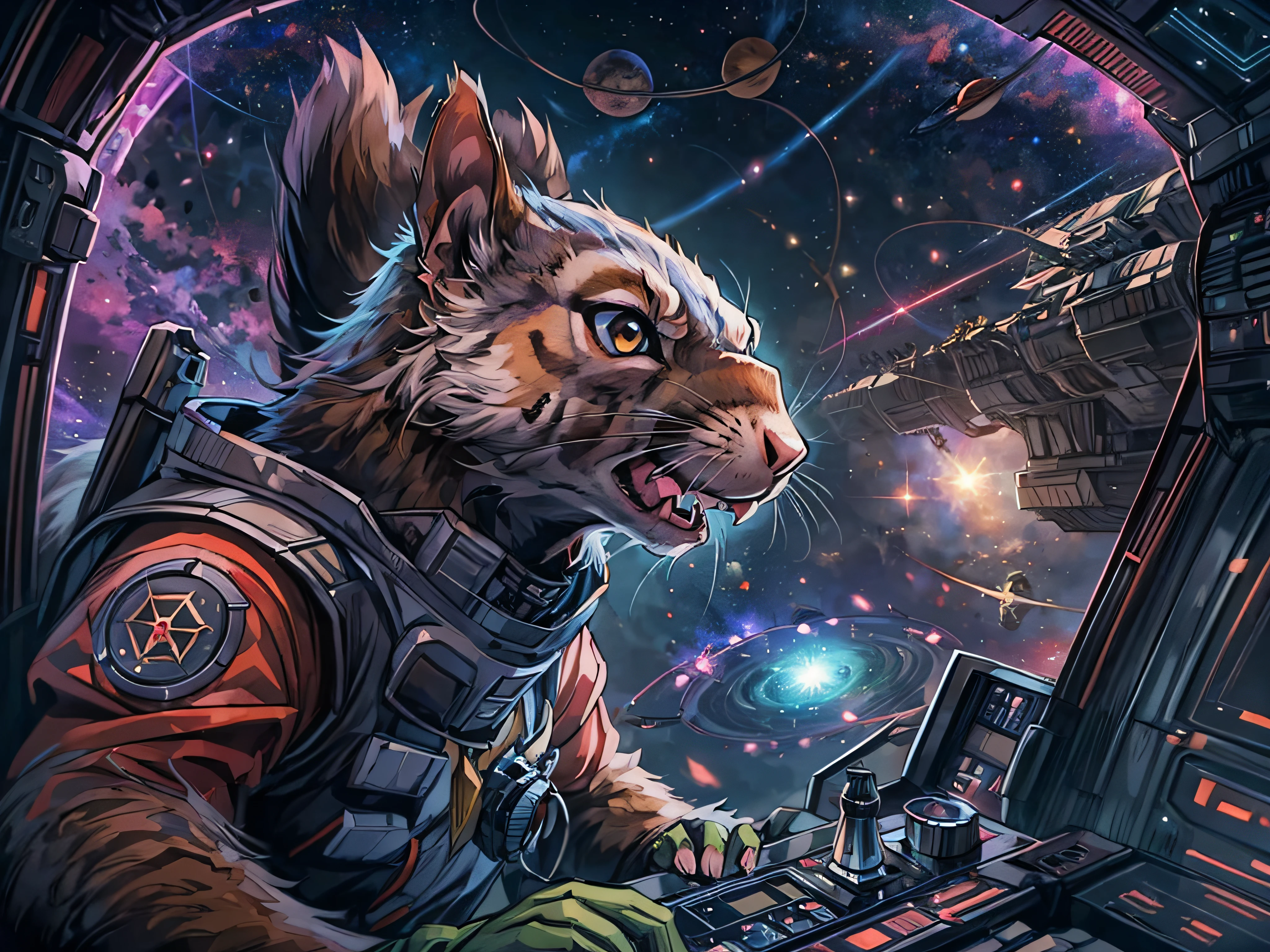 (angry:1.2) squirrel commander (piloting) a mothership, Earth invasion, (dark cosmos backdrop:1.2)