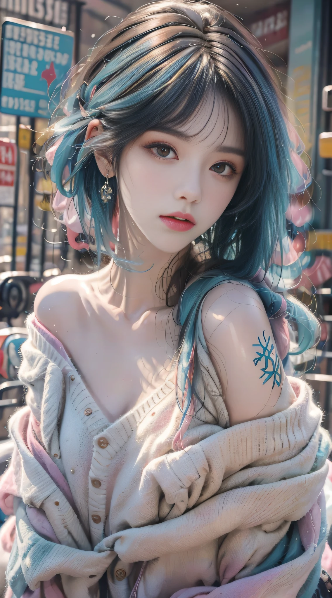 Sweet girl， medium boob，((Sweaters)), frontage，Colored hair，cropped shoulders，There are tattoos on the arms，inspired by Sim Sa-jeong, cute elegant pose, Kawaii realistic portrait, Soft portrait, 8K)), Portrait c 12.0, portrait c 1 2. 0, inspired by Ma Yuanyu, sakimichan, In pastel colors