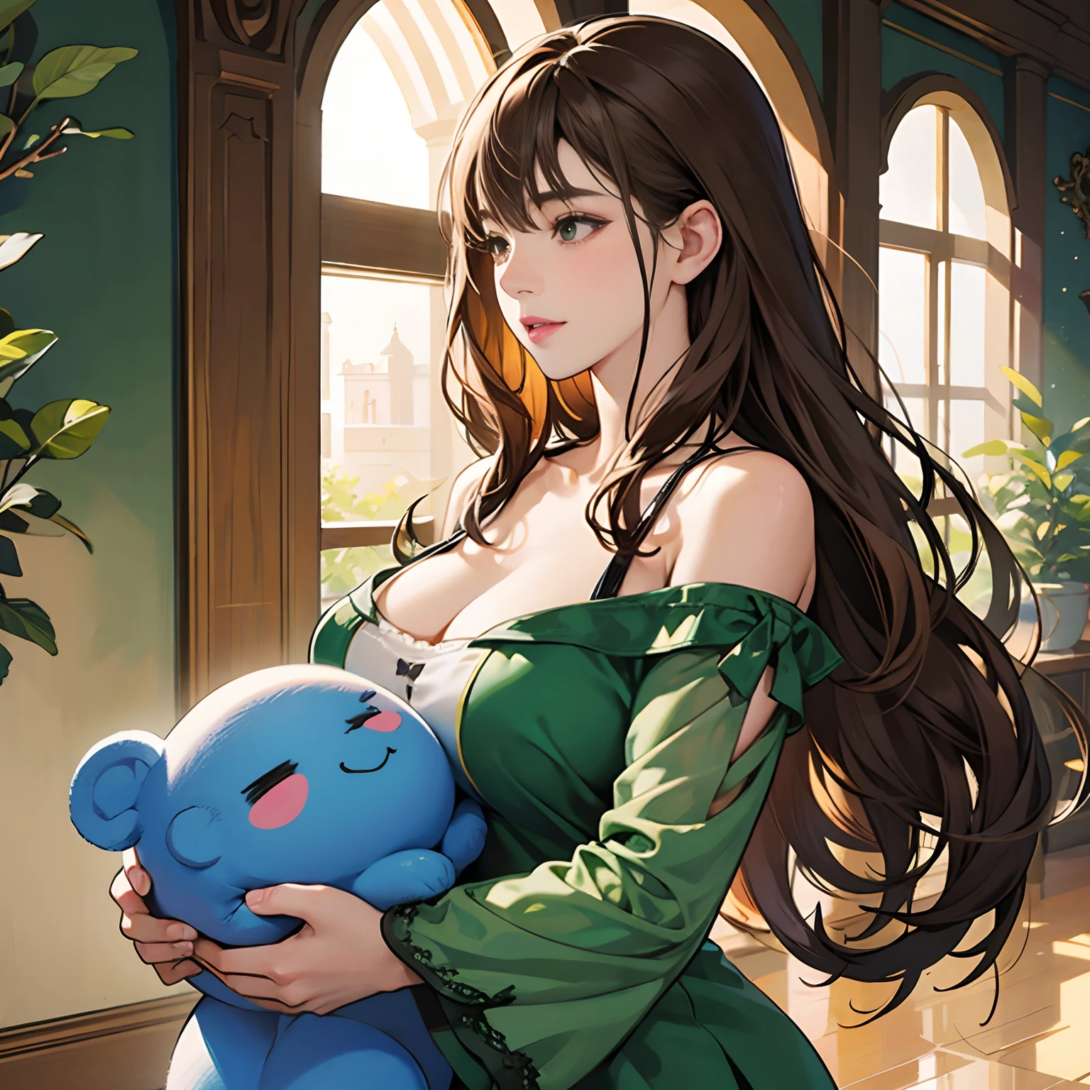 10 generations、Women in Their 20s, Fantasia、offcial art, unity 8k wall paper, ultra-detailliert, beautifly、Aesthetic, ​masterpiece, top-quality, Photorealsitic、Kawaii Girl、pair、holding each other、stare at each other、depth of fields, Fantastic atmosphere, Calm palette, tranquil mood, Soft shading、bbw、very large breast、plump figure、Green costume
