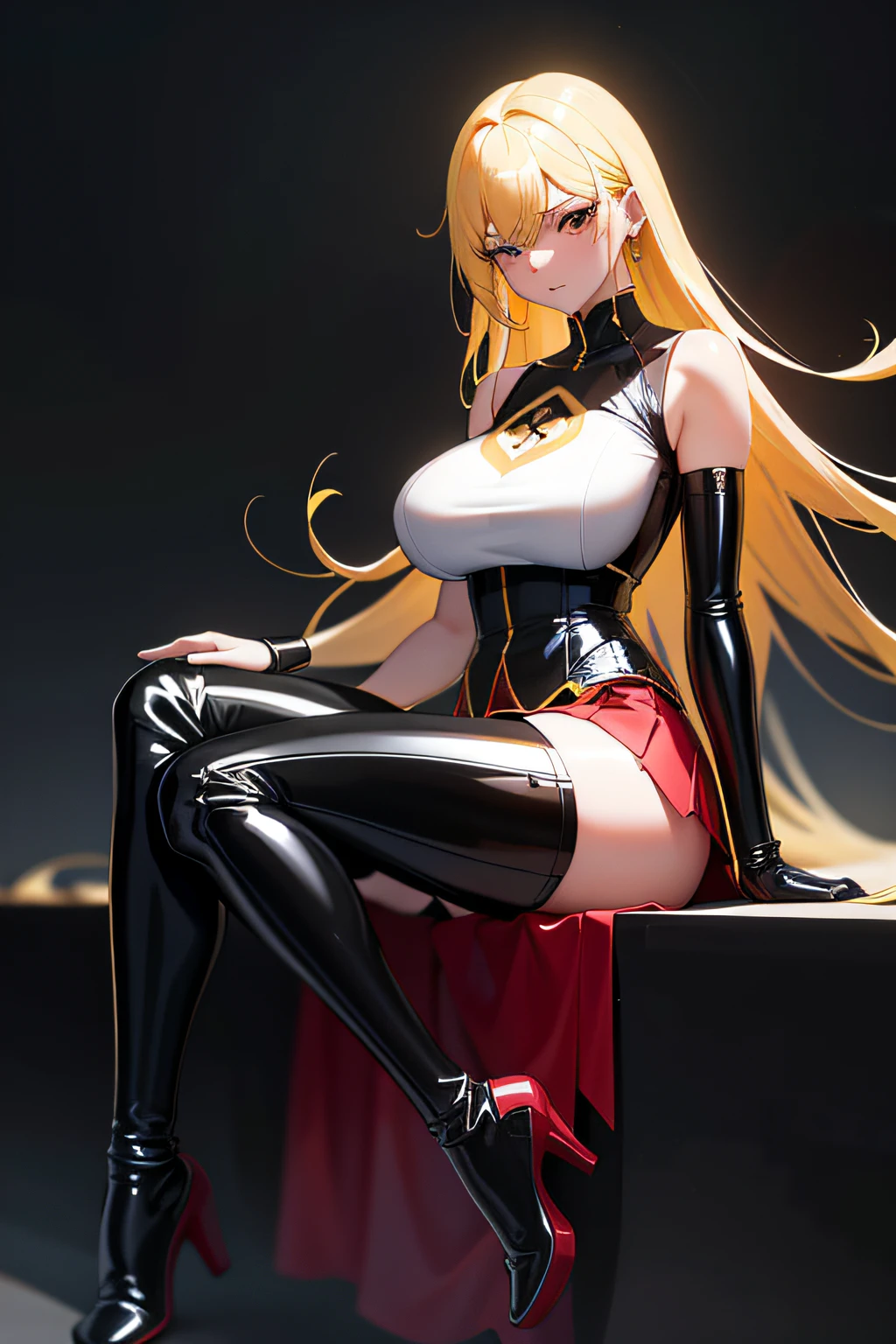 tmasterpiece， Best quality at best， highly  detailed，Latex Combat Suit，Royal sister，goddes，High value，Long legs，slightly fat big breasts，Body photo，pleatedskirt，Yellow hair，Pick and dye your hair，Black and white stockings，revealing the lower abdomen，Expose your legs
